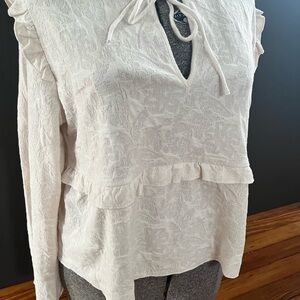 H&M Cream Textured Ruffle Tie-Neck Long Sleeve Top